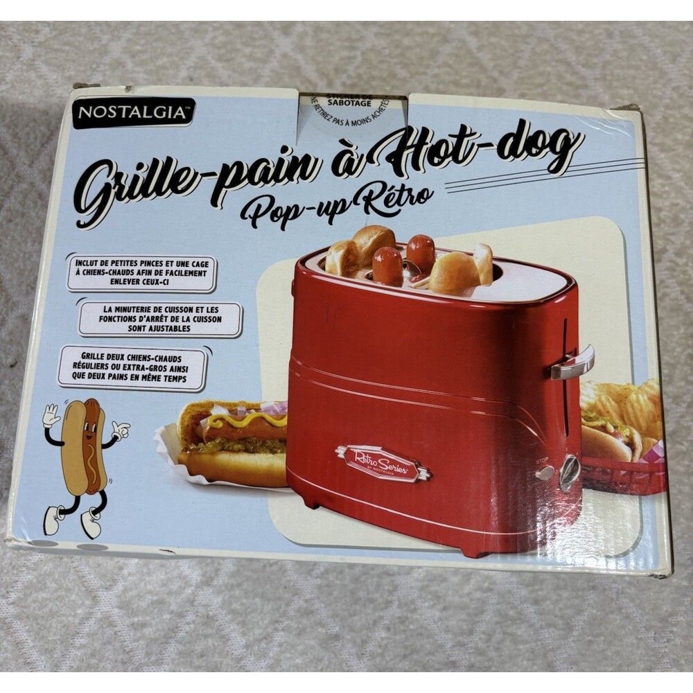 Nostalgia Retro Series Hot Dog Maker, 2 Hot Dogs/2 Buns,Mini Tongs,Cage Red 650W